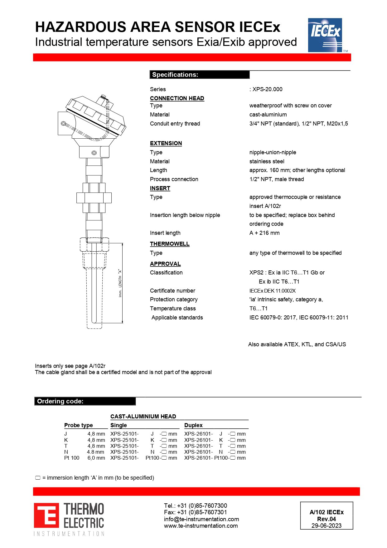 Hazardous Area Industrial Temperature Sensor IECEx Ex ia/Ex ib Approved