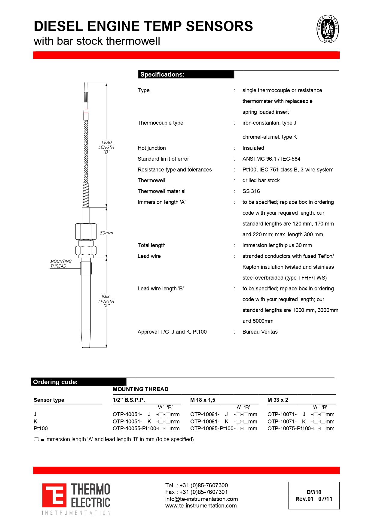 Diesel Engine Temperature Sensors with Bar Stock Thermowell - Veritas