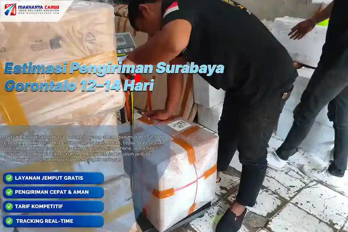 Estimasi Pengiriman Surabaya Gorontalo 12–14 hari, tarif mulai Rp6.000/kg