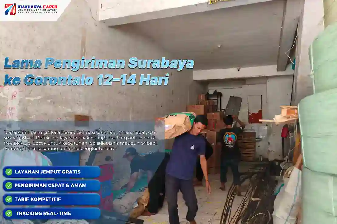 Lama pengiriman Surabaya ke Gorontalo 12–14 hari. Tarif mulai Rp6.000/kg, min 50 kg.