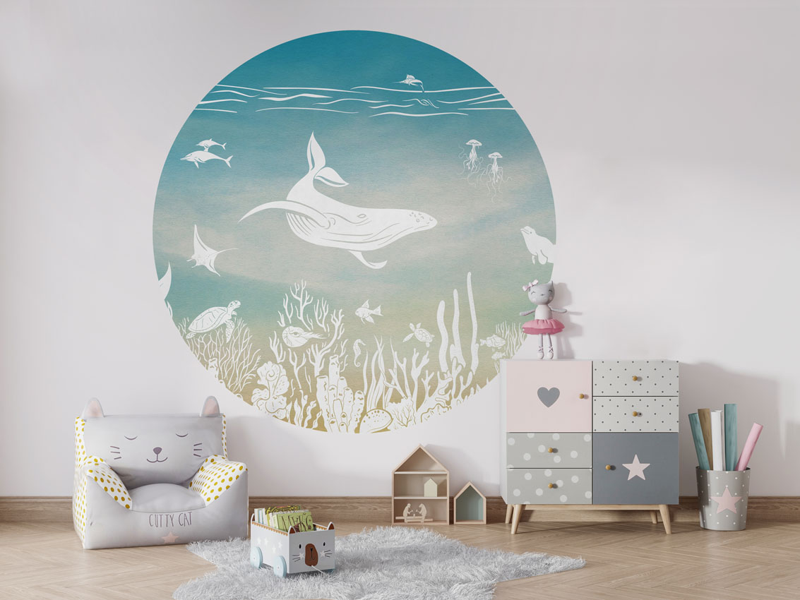 Kinderkamer met grote muurcirkel Monochrome Onderwaterwereld - Sea