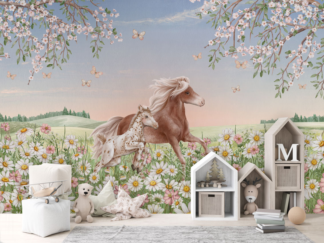 Kinderkamer met fotobehang met paarden - happy horses - paarden behang meisjeskamer