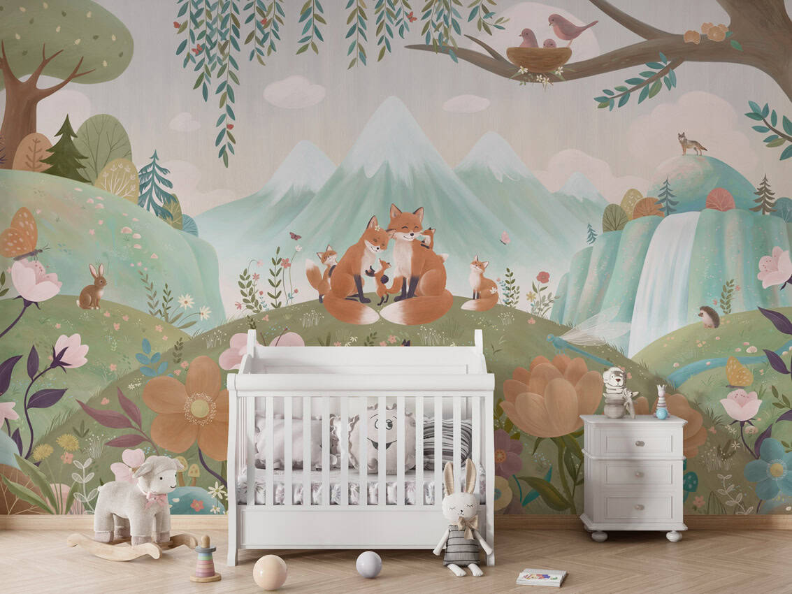 Kinderkamer fotobehang met vossen, bloemen en bergen illustratie