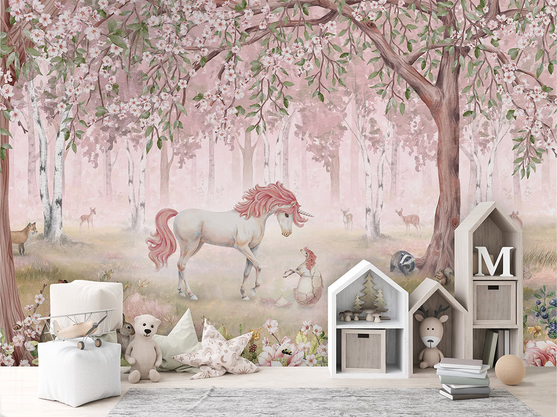 Unicorn Forest Pink Fotobehang kinderkamer