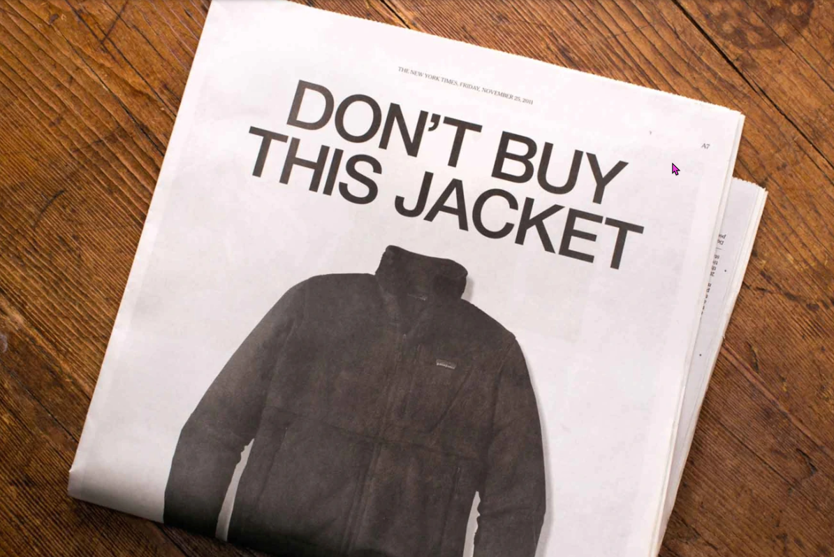 Photo of Patagonia's don't buy this jacket ad in the newspaper