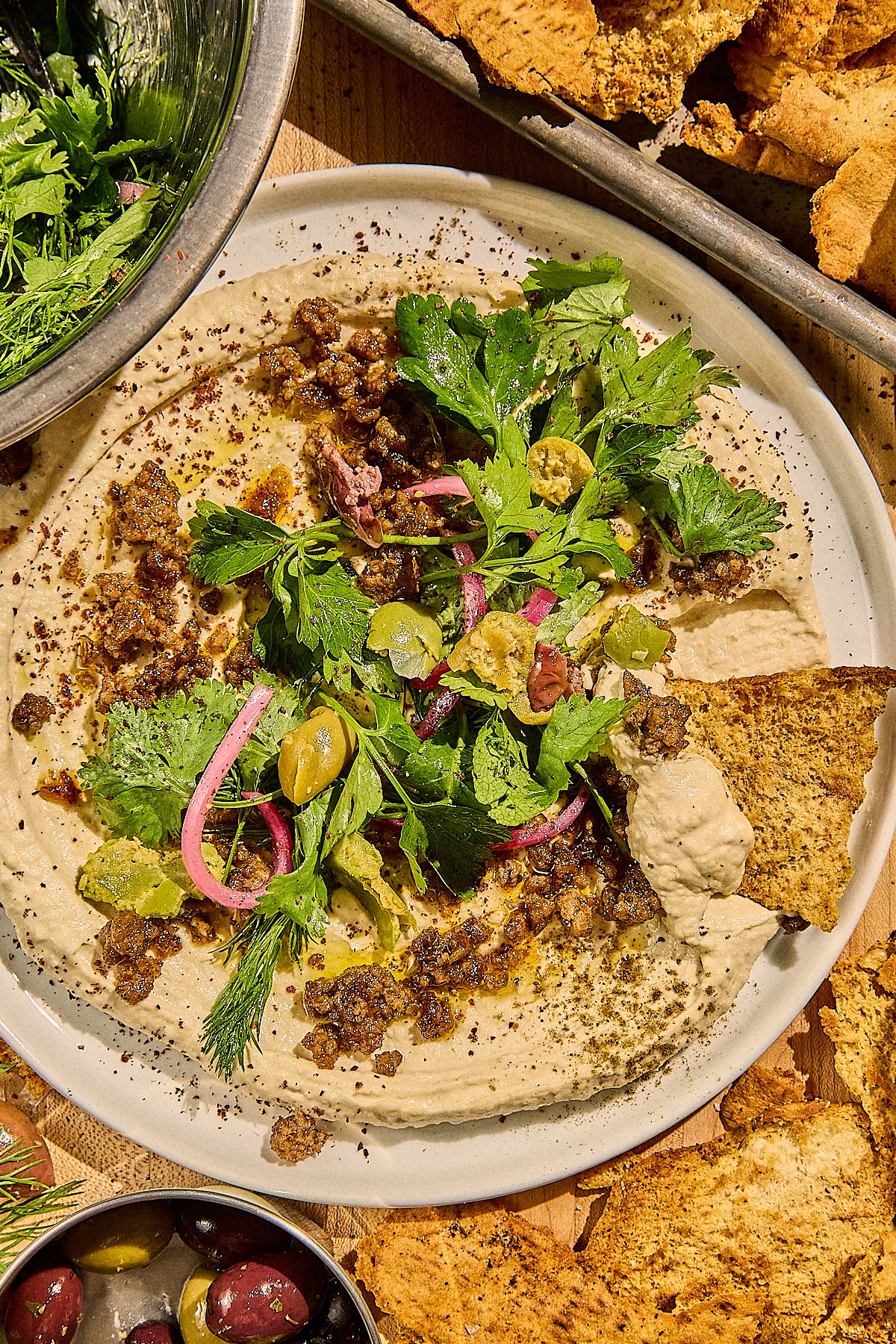 Hummus Bowl with Spiced Ground Beef and Herb Salad