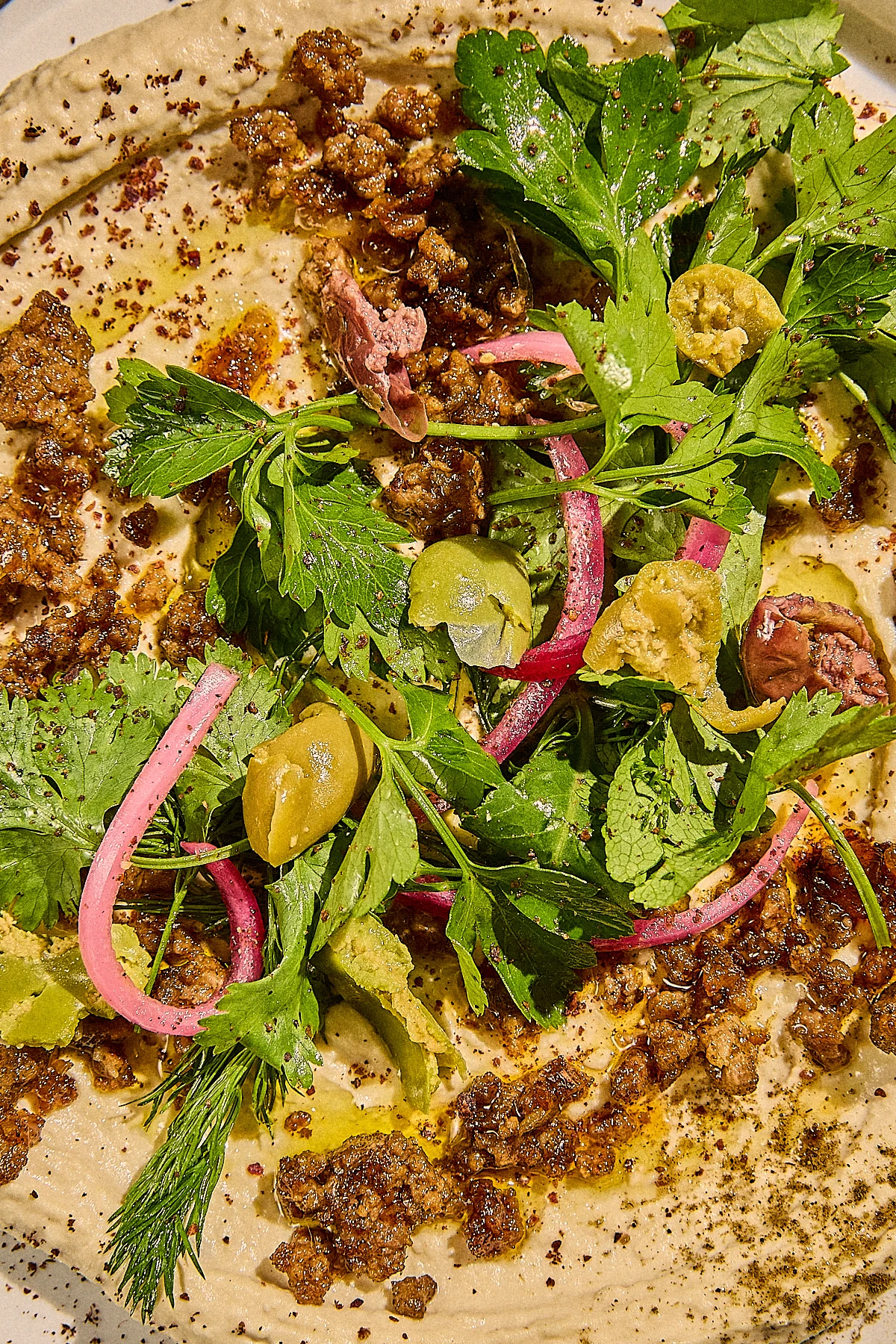 Hummus Bowl with Spiced Ground Beef and Herbs