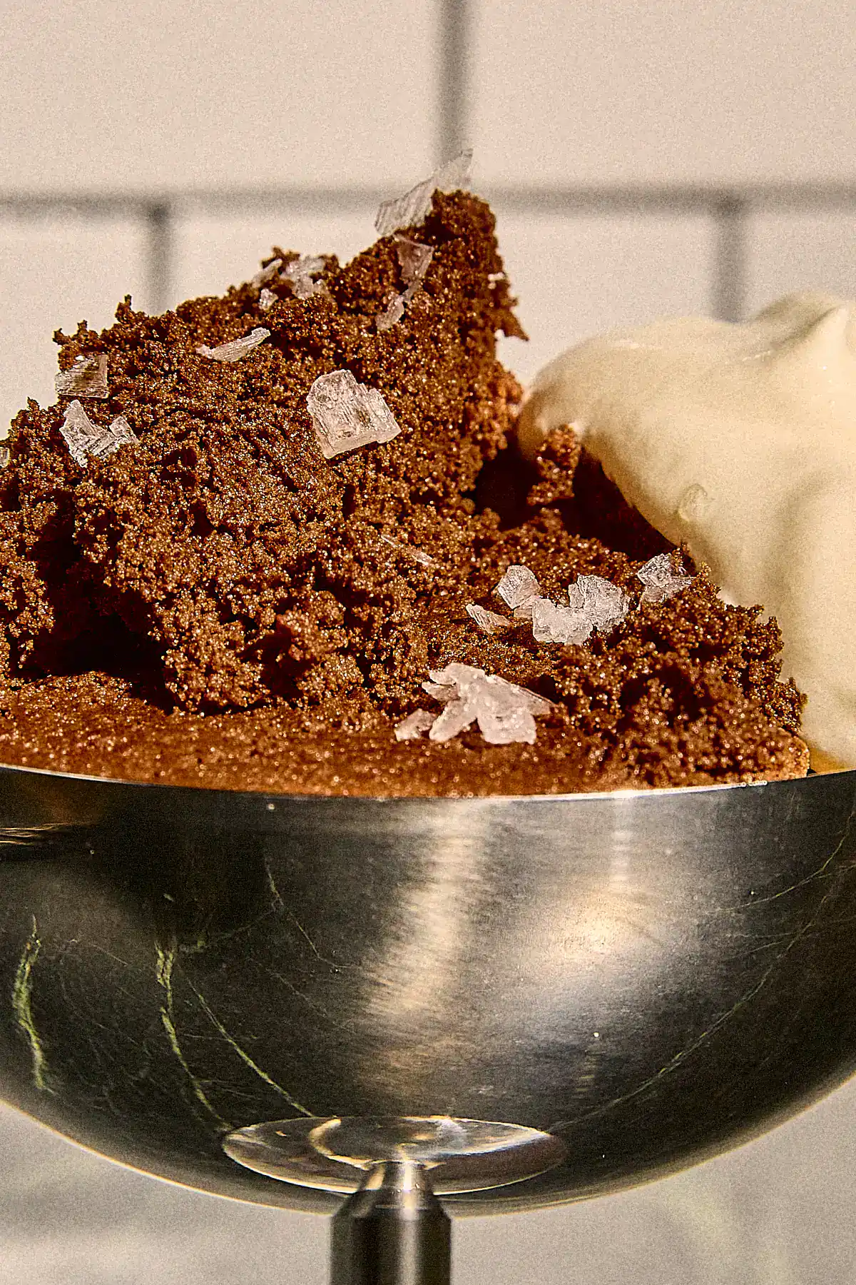 dark chocolate mousse with flaked salt