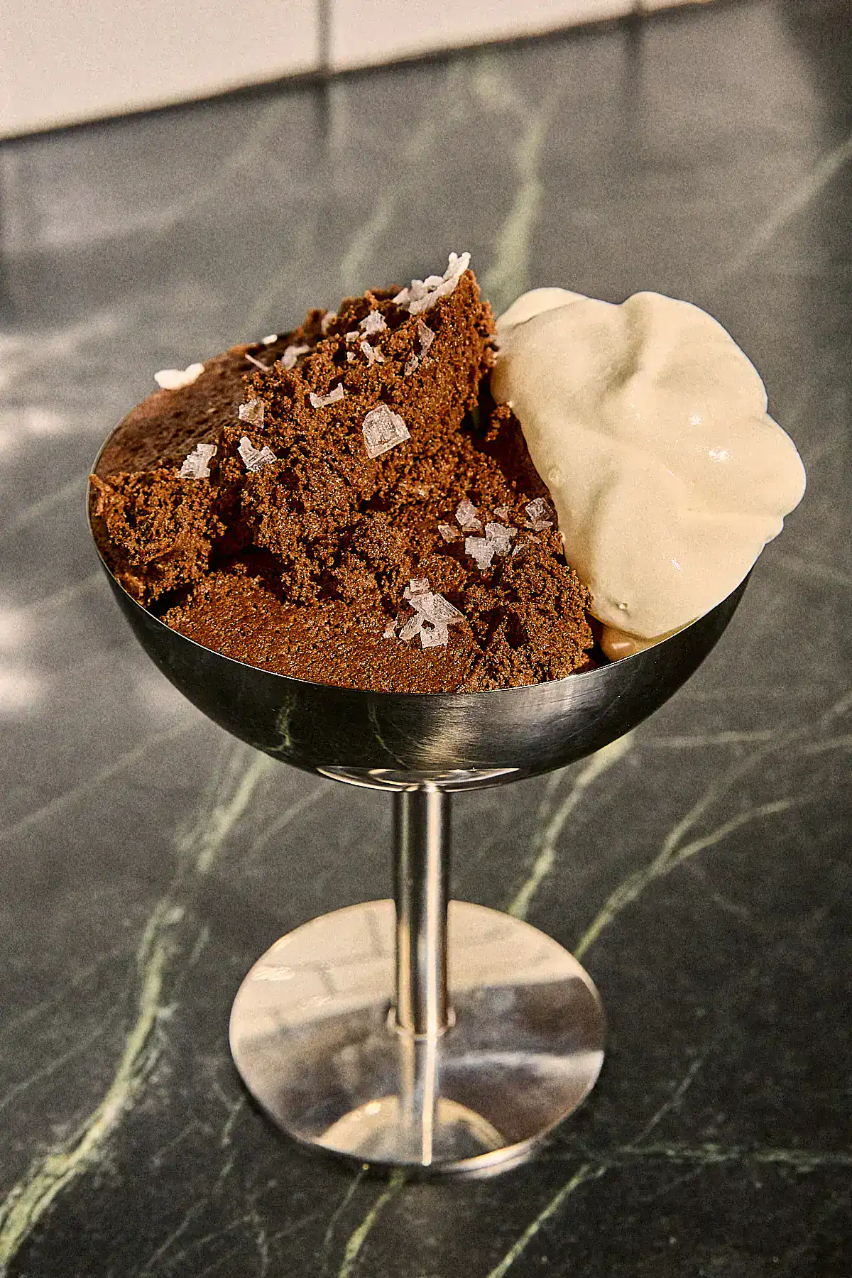 dark chocolate mousse with salt and whipped cream