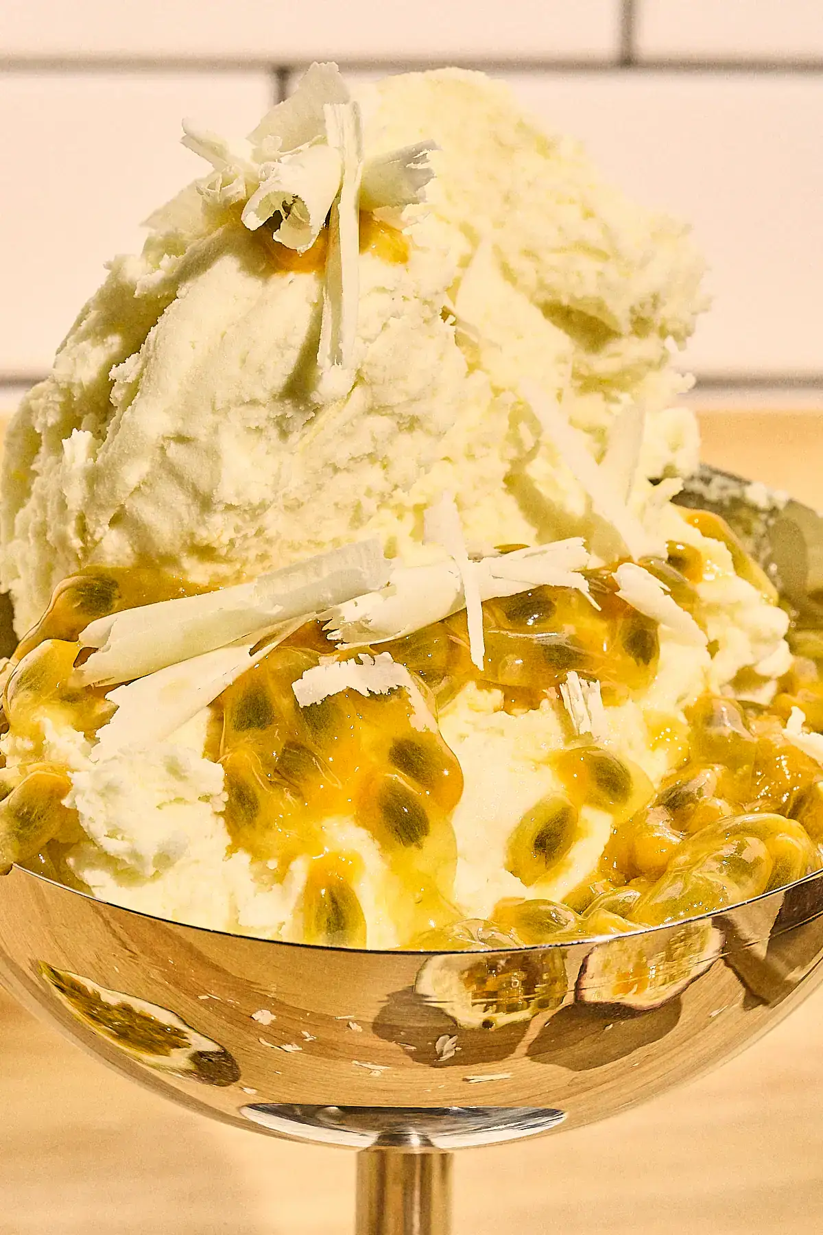 white chocolate mousse with fresh passionfruit
