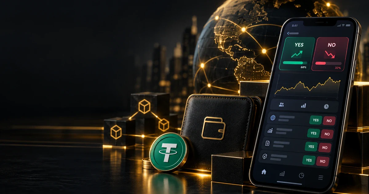 Cinematic Binance Wallet prediction markets illustration with a phone, YES and NO markets, USDT, and a connected globe