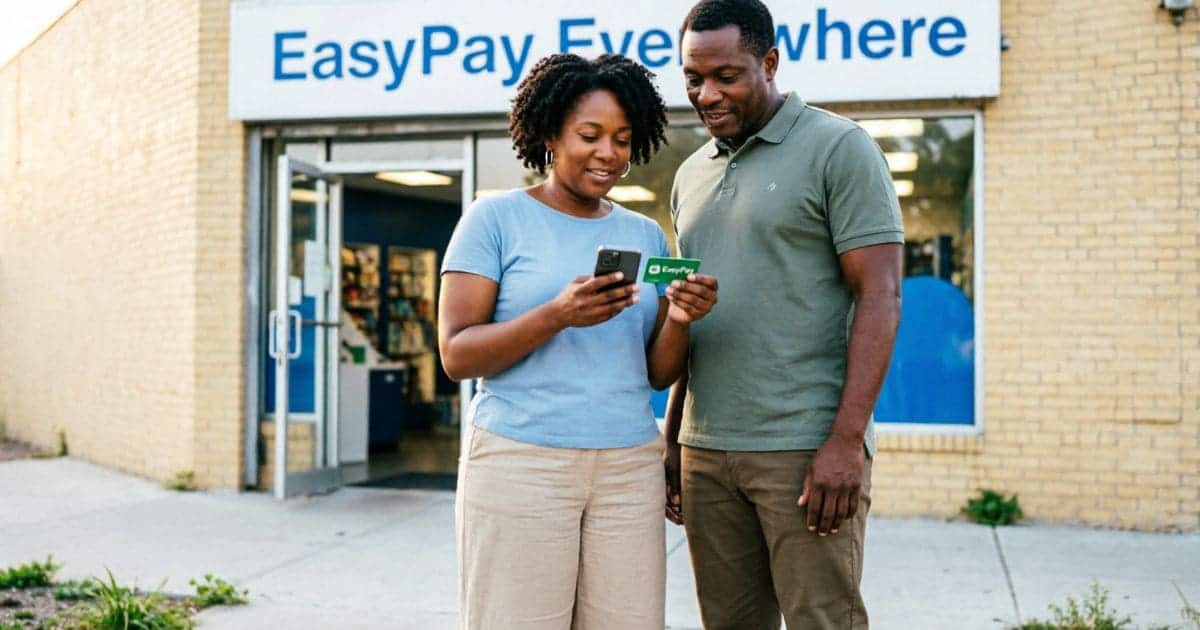 EasyPay Loans SASSA apply online: South African couple applying on a mobile phone outside an EasyPay Everywhere branch