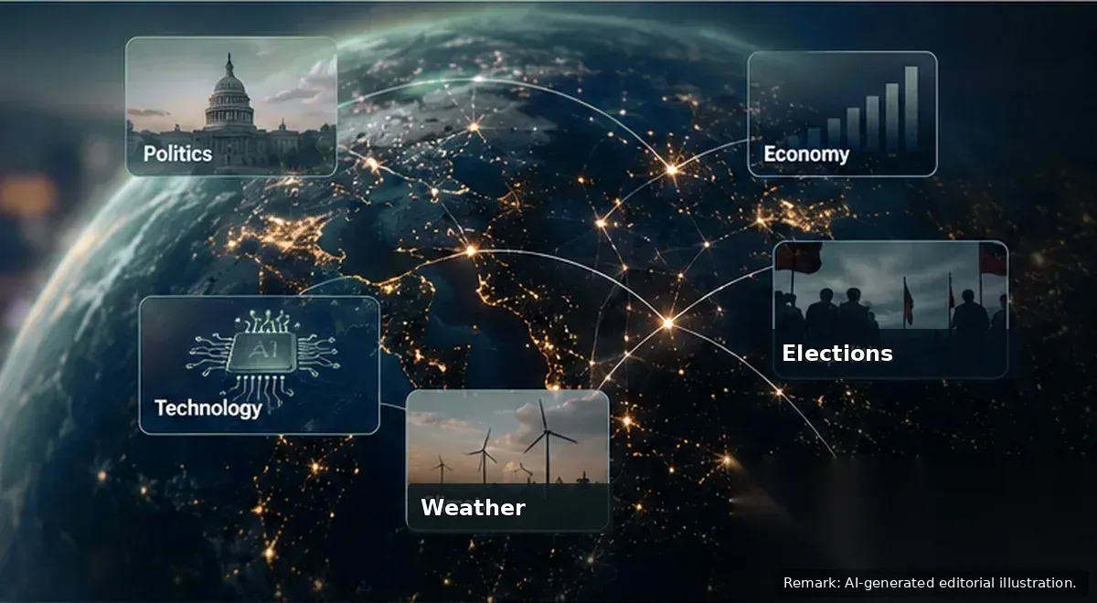 Connected globe with topic panels for politics, economy, elections, technology and weather prediction-market analysis