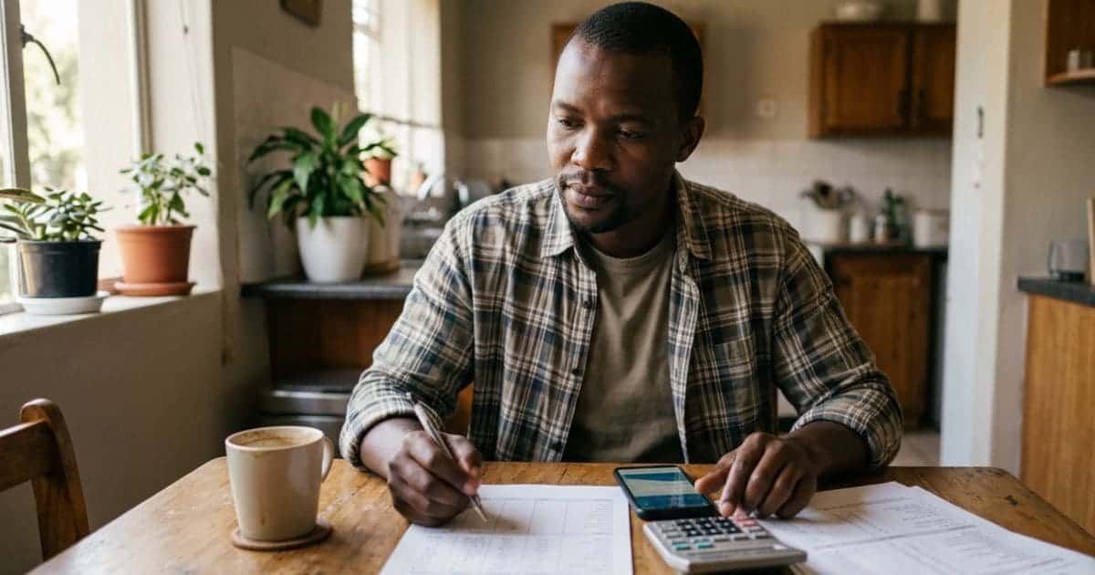 South African man reviewing his debt review repayment plan and budget at a kitchen table in Johannesburg