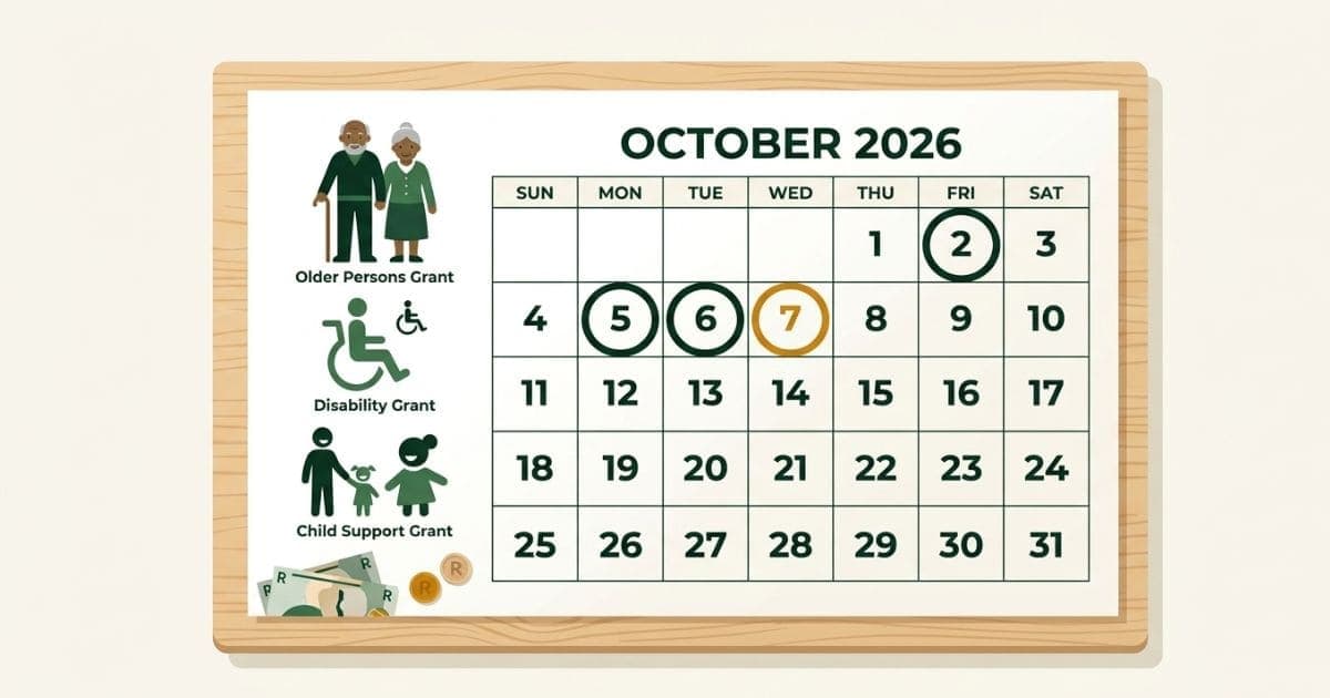 SASSA payment dates October 2026 South Africa calendar showing grant payment schedule