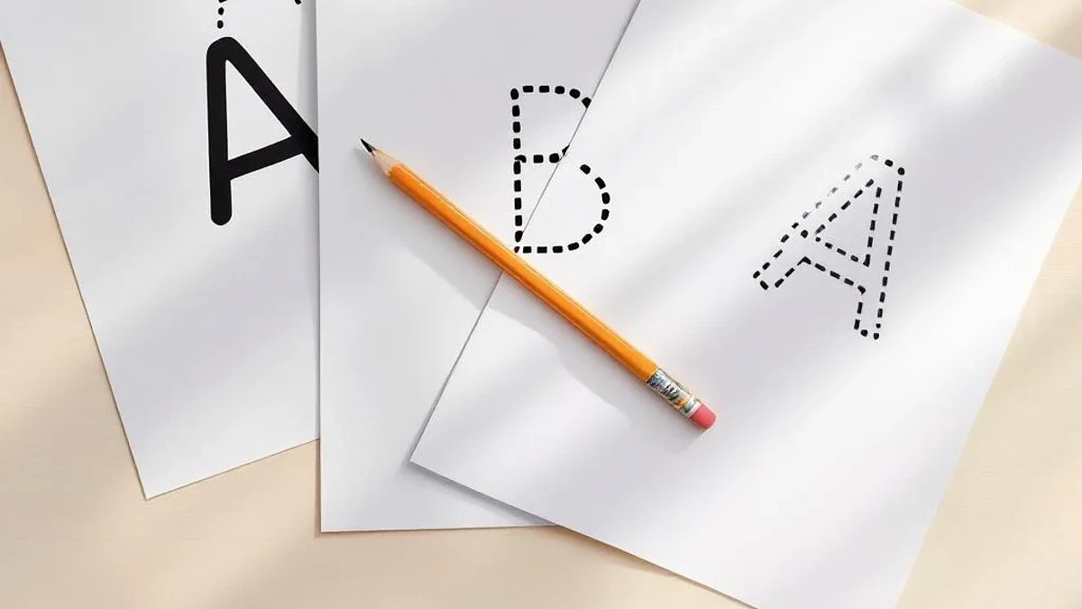 Alphabet tracing worksheets A to Z spread on a table with pencils and crayons