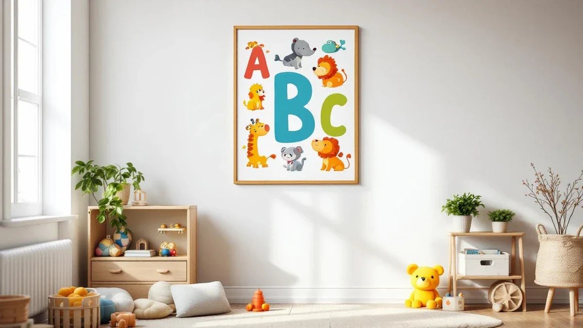 Toddler pointing at alphabet letters on a colourful poster at home with parent watching