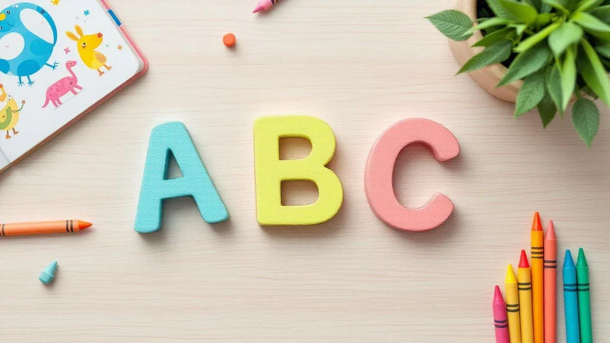 Child aged 3 sitting on a rug looking at a large illustrated alphabet letter card with interest