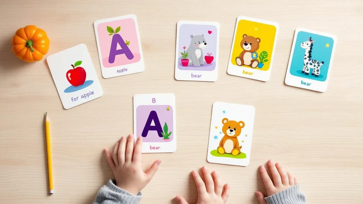 Young child holding a flash card and looking at it with focused curiosity