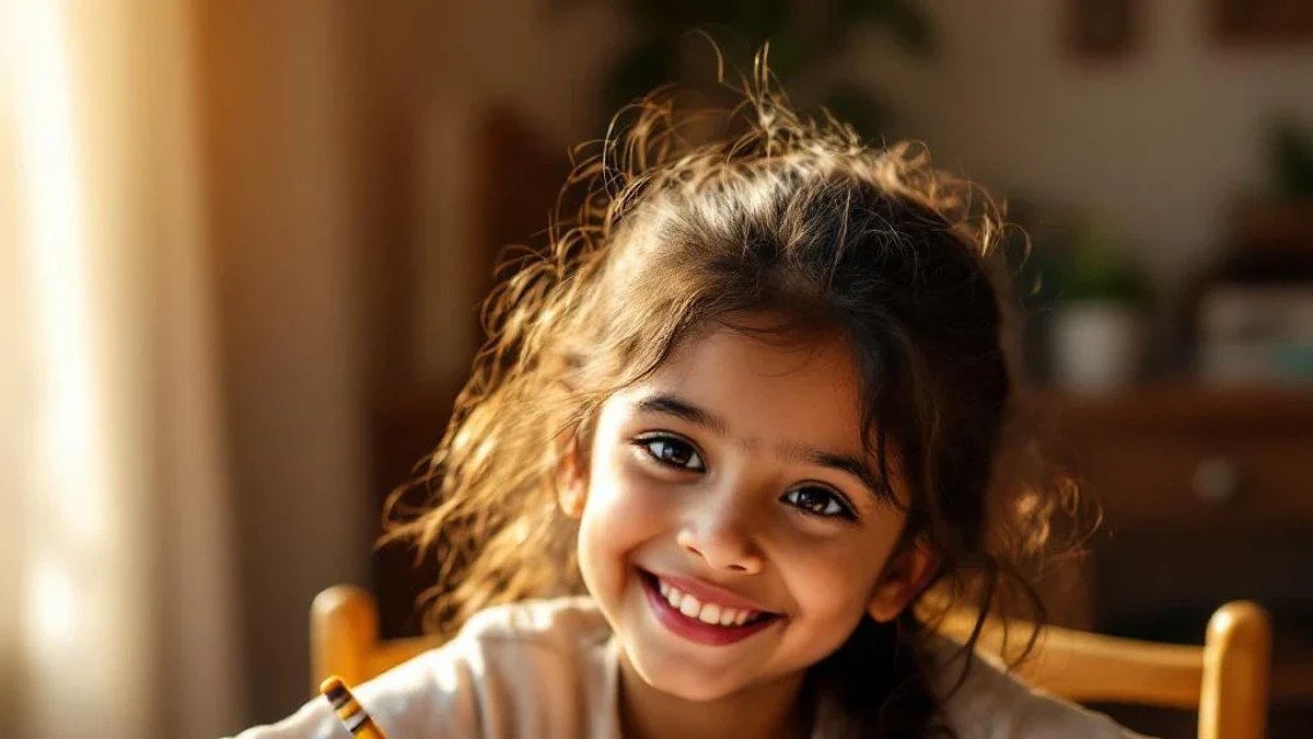 Indian child tracing letters on a worksheet with pencil