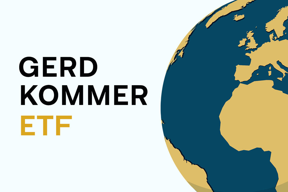 Schriftzug „Gerd Kommer ETF“ mit stilisierter Weltkugel rechts im Bild auf hellem Hintergrund.