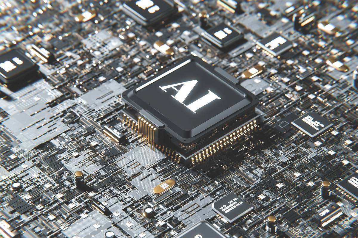 Nahaufnahme eines Computerchips mit der Aufschrift „AI“ auf einer Leiterplatte.