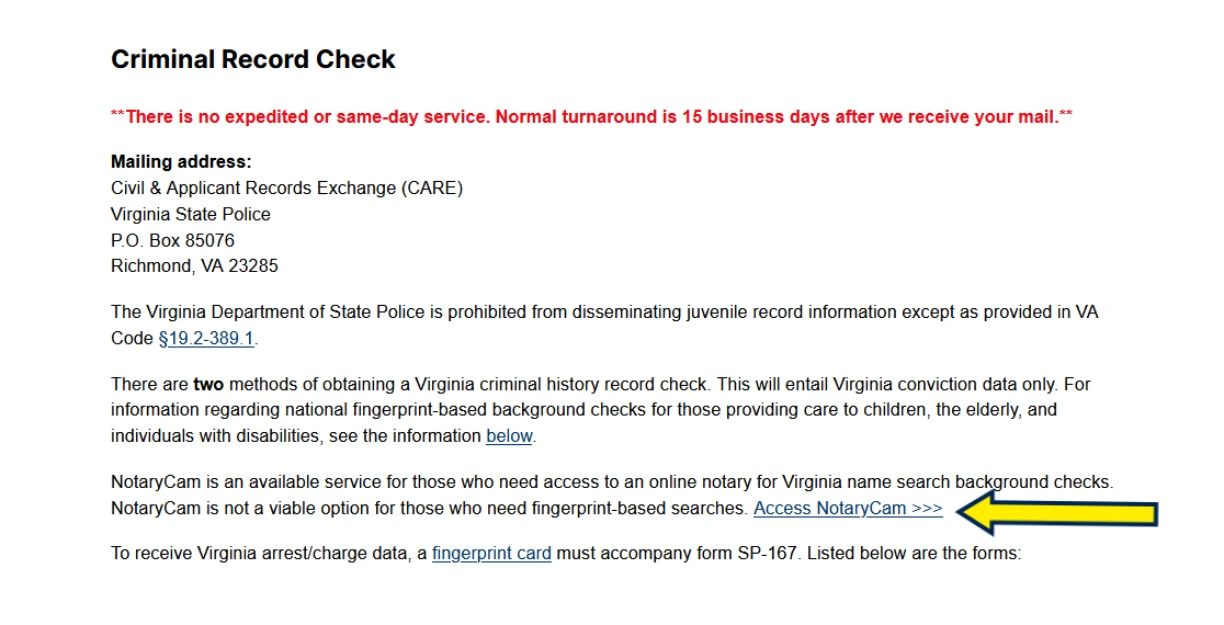 Screenshot of notarycam service in online Virginia background check.