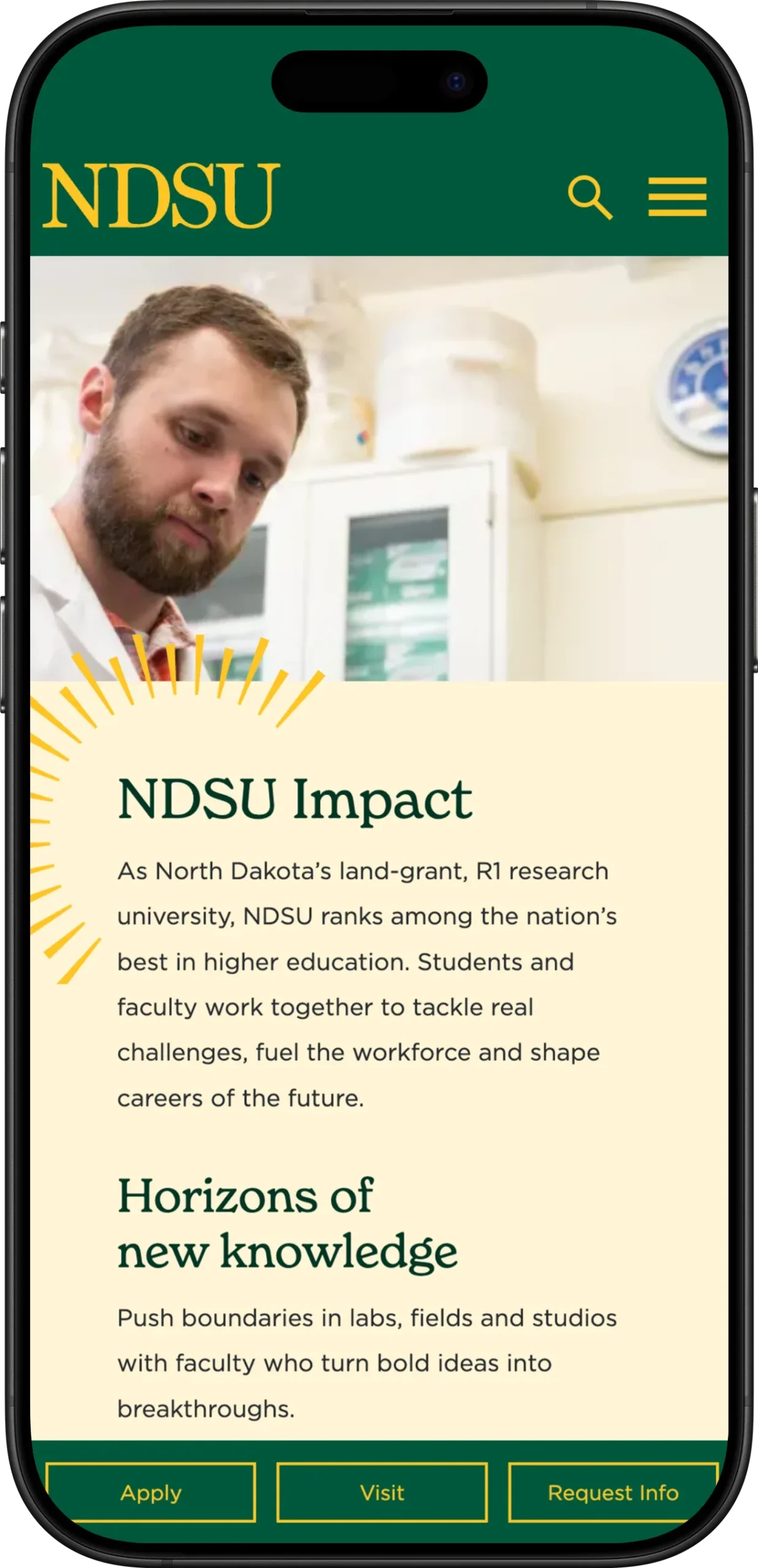 Screenshot of the NDSU website homepage displayed on an iPhone; the screenshot shows a student researcher at work and a block of text with the headings 'NDSU Impact' and 'Horizons of new knowledge.'