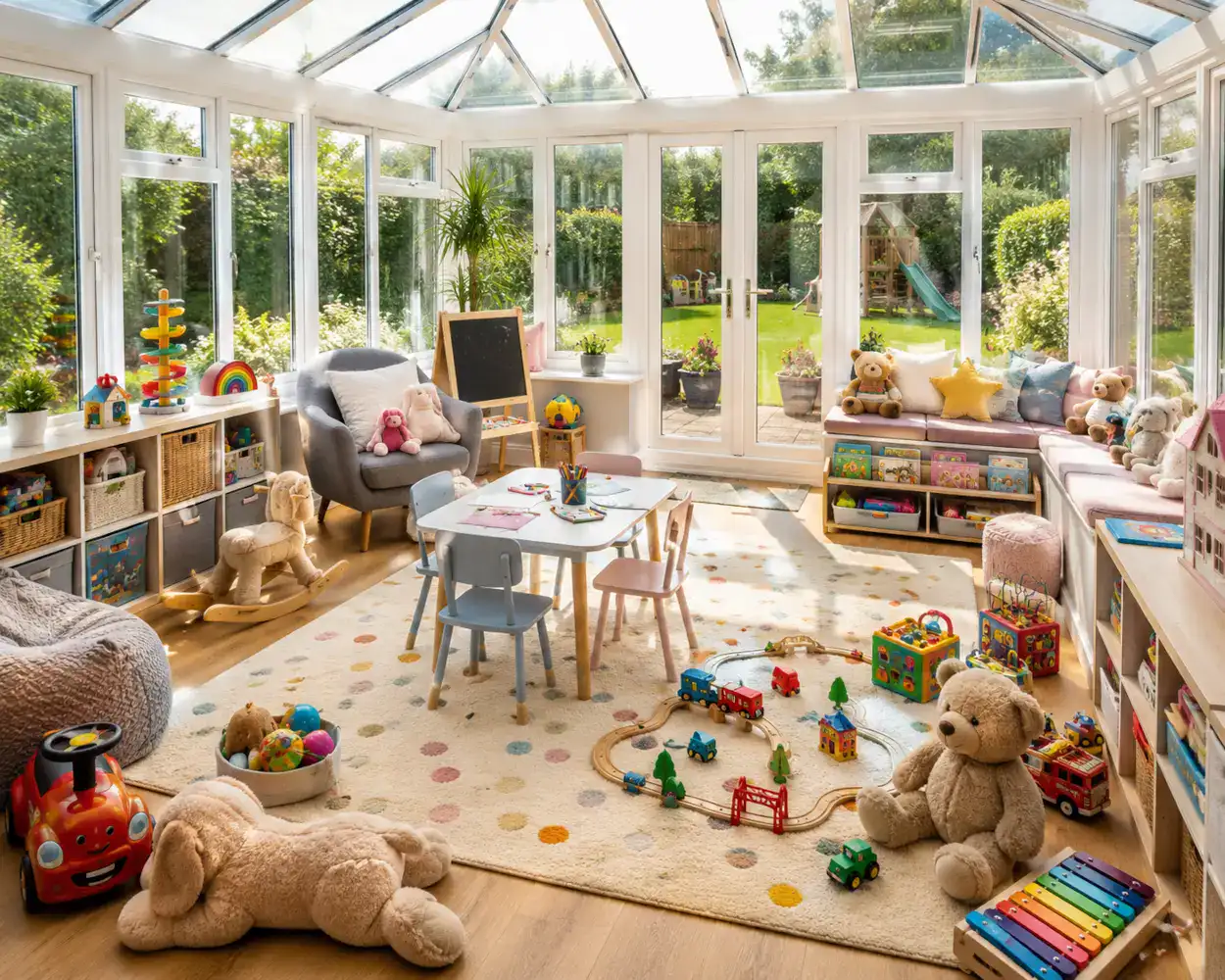 Playroom conservatory with toy storage, soft seating, children’s table, stuffed toys, books and garden views through large windows.