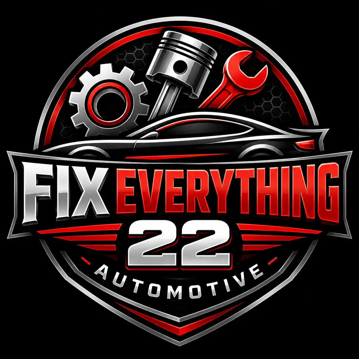 Logo for 'Fix Everything 22 Automotive' featuring a stylized car silhouette, piston, and wrench in red, silver, and black.