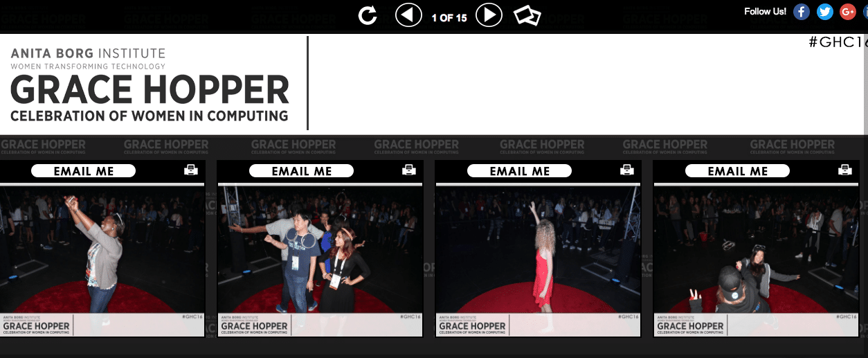 Grace Hopper Celebration webpage showing a row of small thumbnails from the event.