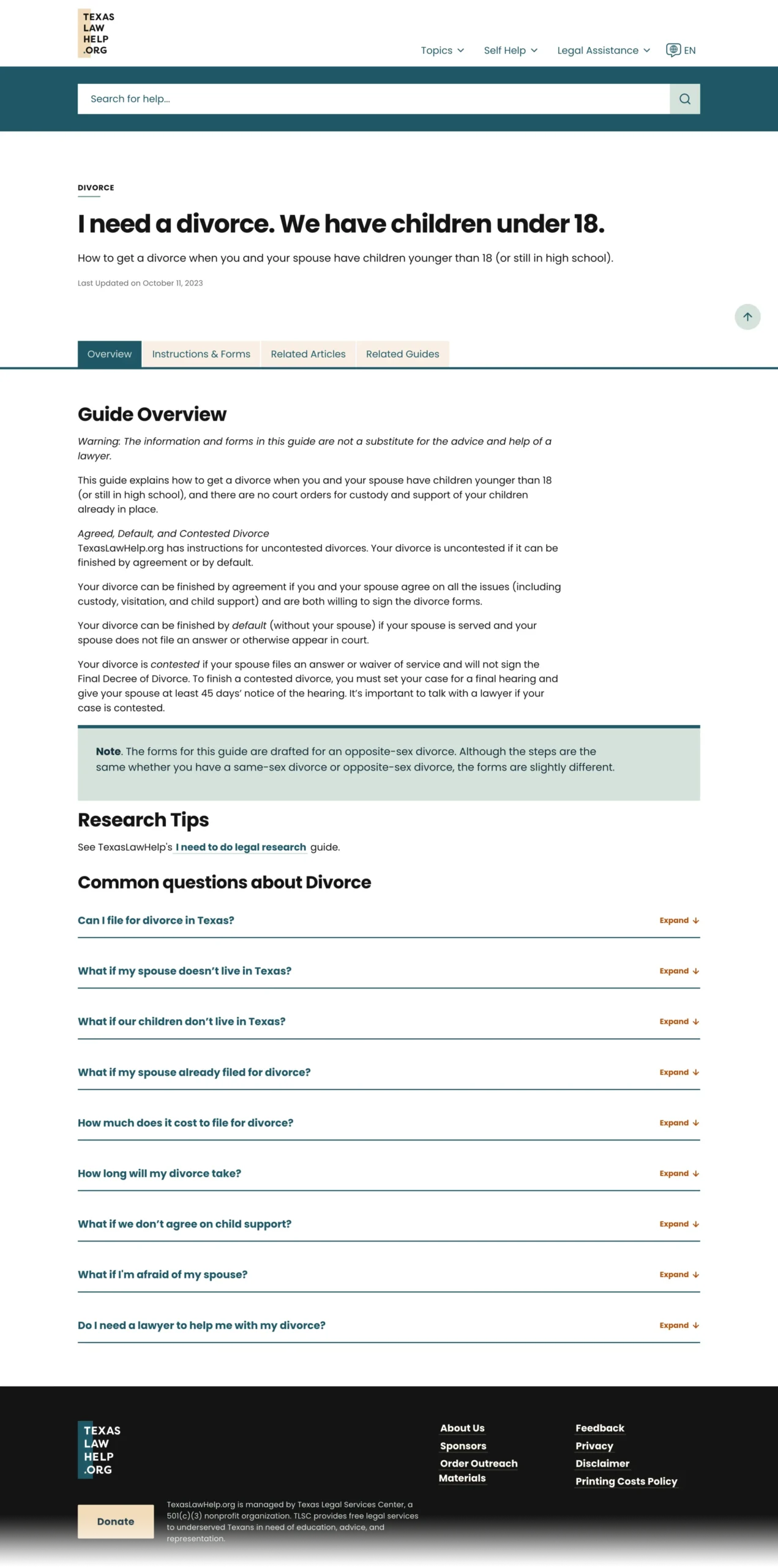 Screenshot of a guide page from Texas Law Help website that explains the steps for filing for divorce when children under 18 are involved