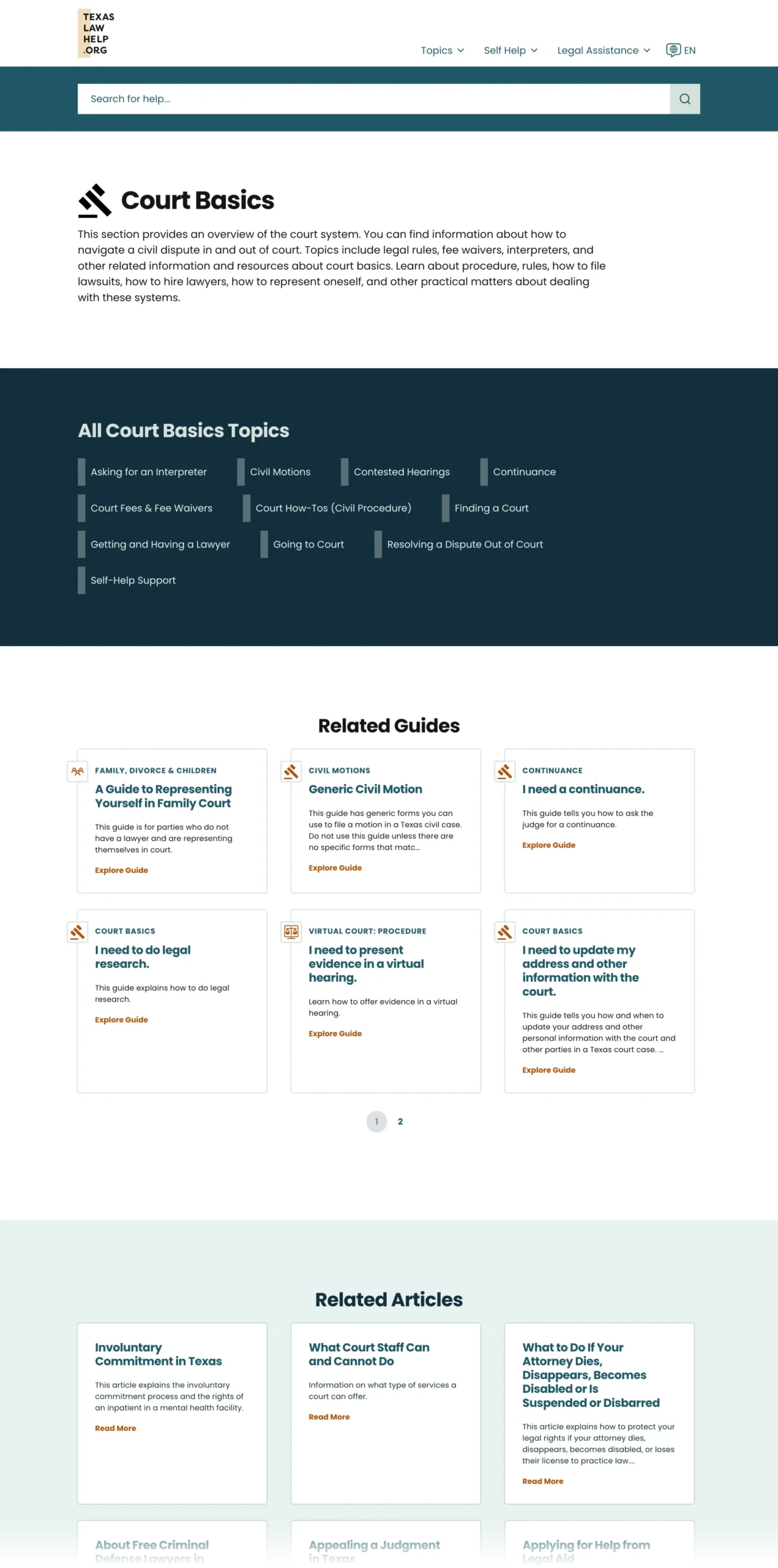 Screenshot of topic page from Texas Law Help website shown on a desktop device