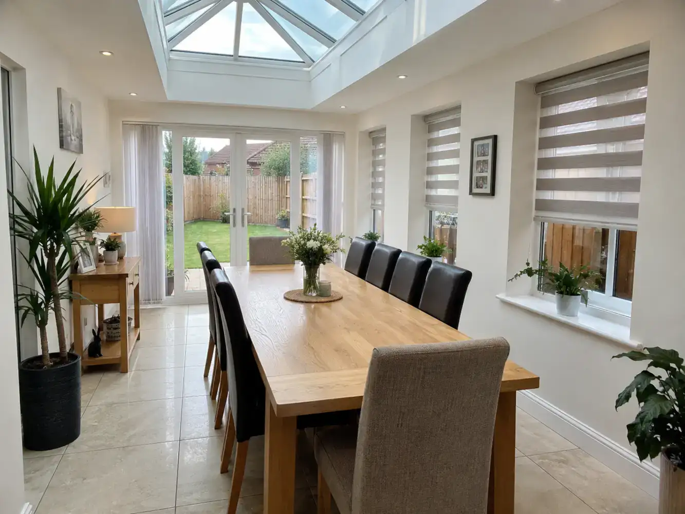 Dining Room conservatory with a long oak dining table, black and beige chairs, roof lantern and white doors opening to the garden.