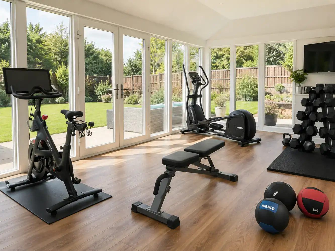 Home Gym conservatory with exercise bike, cross trainer, workout bench, free weights and garden views through large glazed doors.