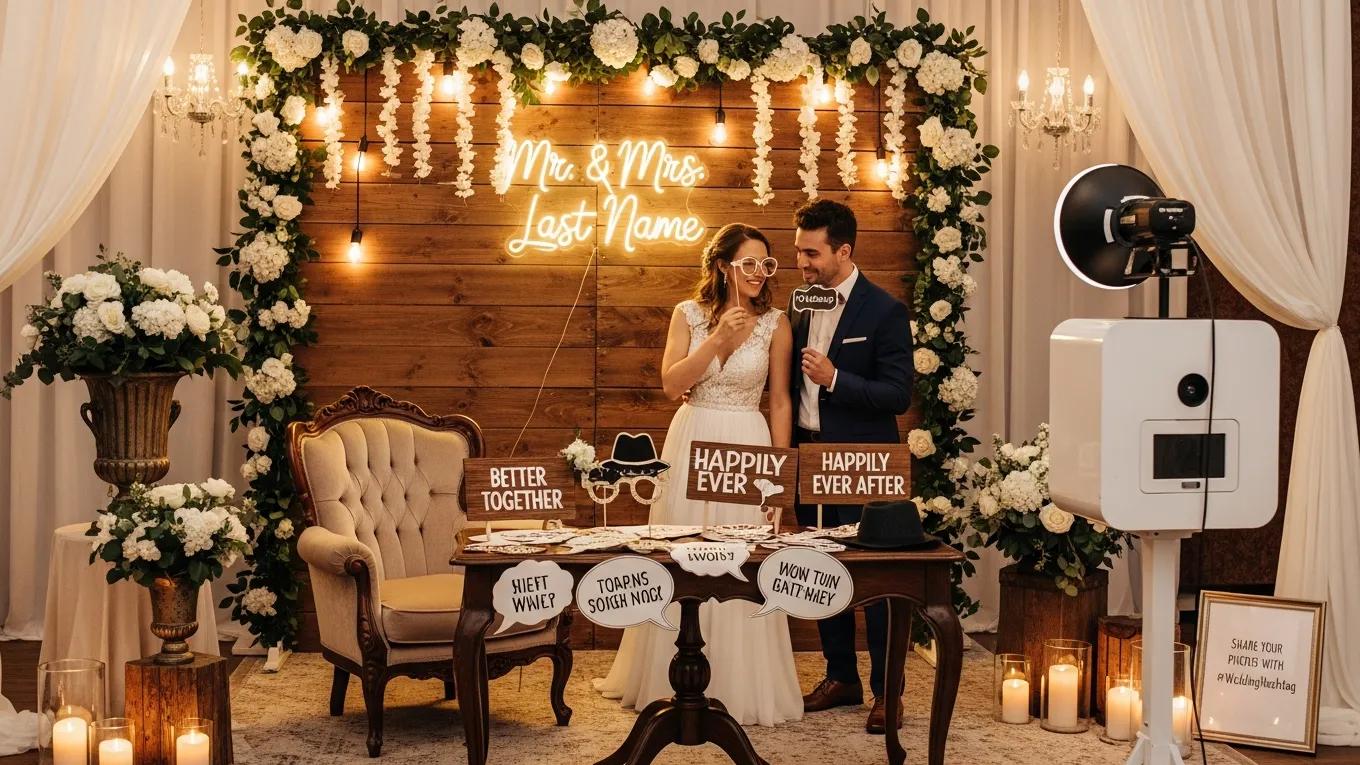 Elegant themed photo booth setup for a wedding with personalized decorations and props