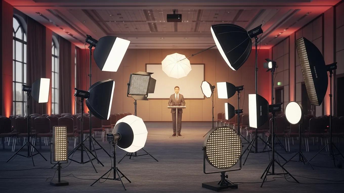 Lighting equipment setup for event photography, showcasing portable flashes and LED panels in action