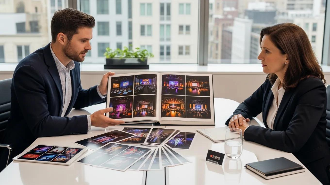 Professional photographer consulting with a corporate client about event photography options