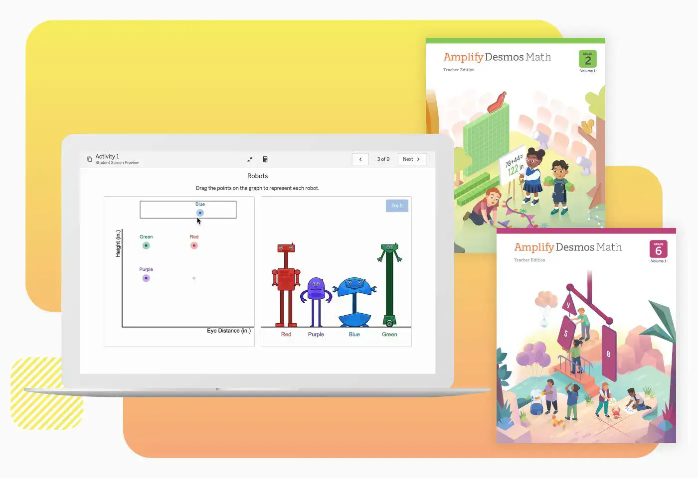 A laptop displaying a graph on a webpage labeled "Robots" sits next to two textbooks titled "Amplify Desmos Math," one being the teacher edition and the other for grade 6, exemplifying student-centered instruction through math technology.