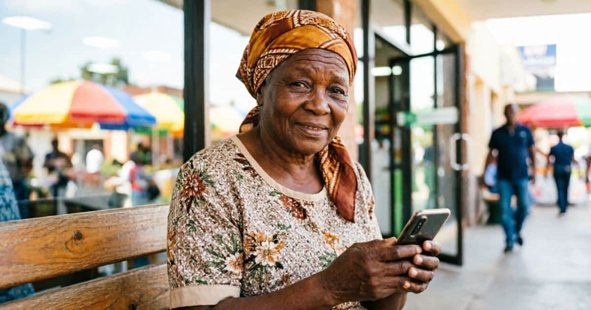 Elderly South African grandmother checking her SASSA June 2026 grant payment date on a smartphone outside a retail store