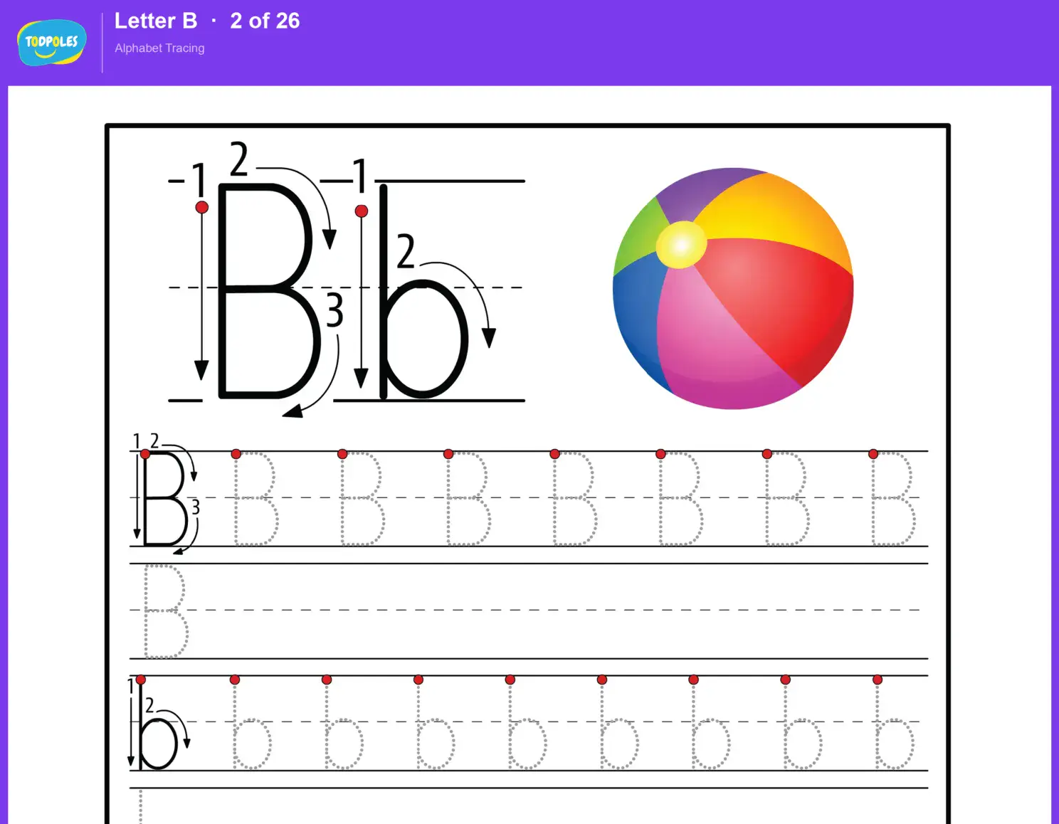 Letter B tracing worksheet — uppercase B and lowercase b with guided tracing lines
