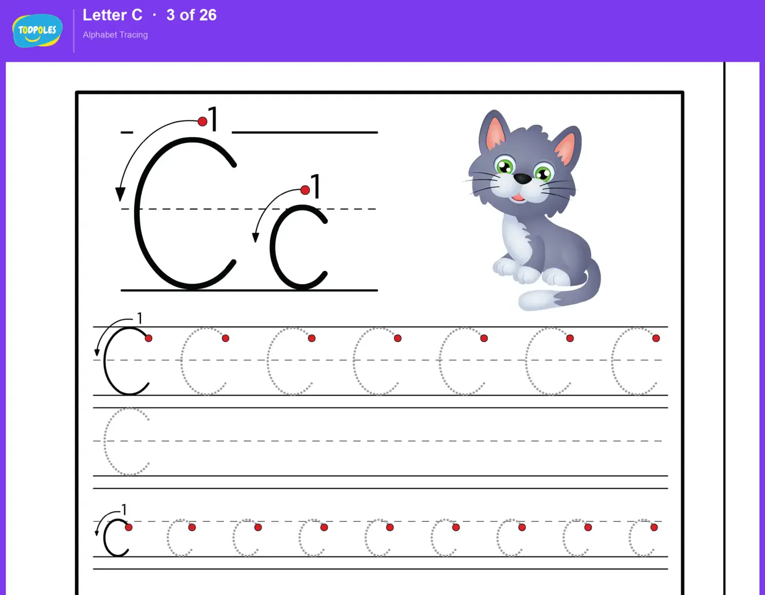 Letter C tracing worksheet — uppercase C and lowercase c with guided tracing lines