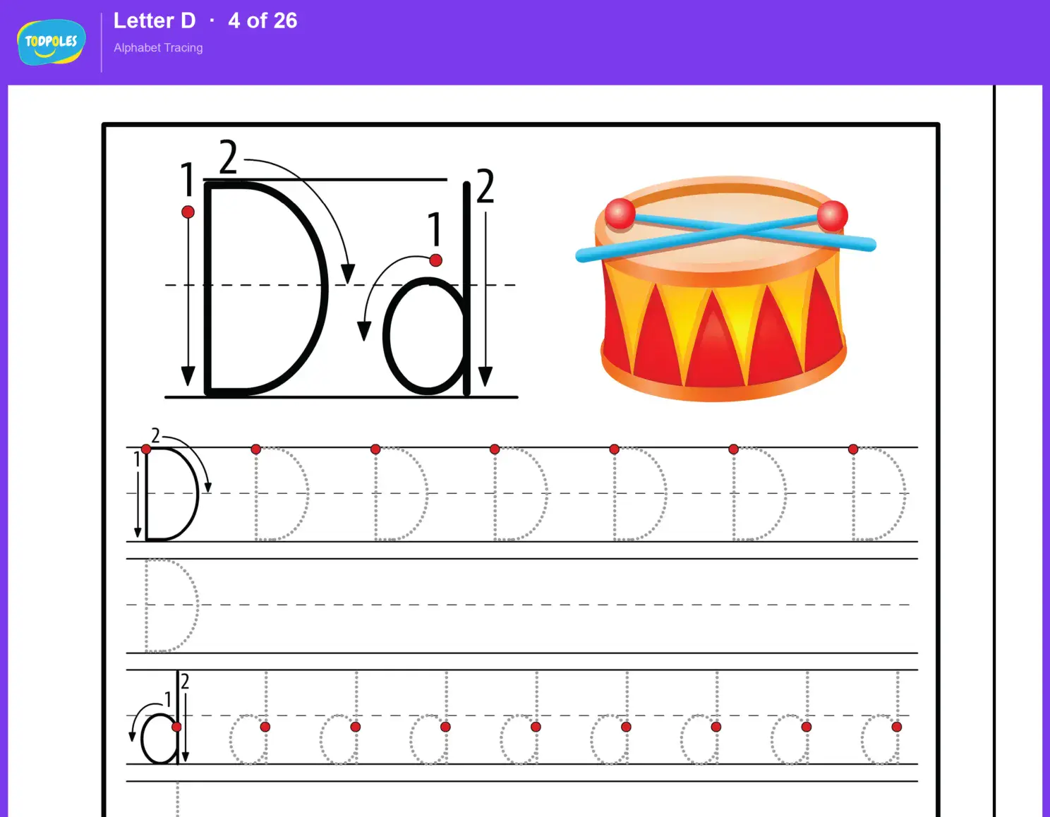 Letter D tracing worksheet — uppercase D and lowercase d with guided tracing lines