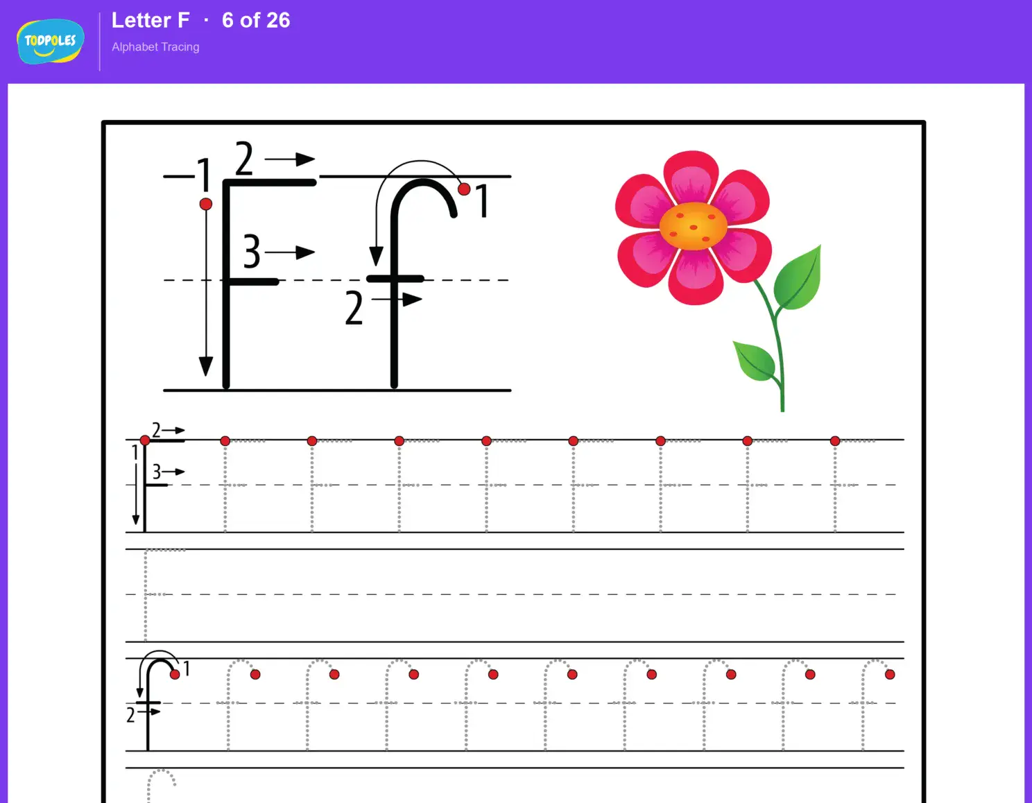 Letter F tracing worksheet — uppercase F and lowercase f with guided tracing lines