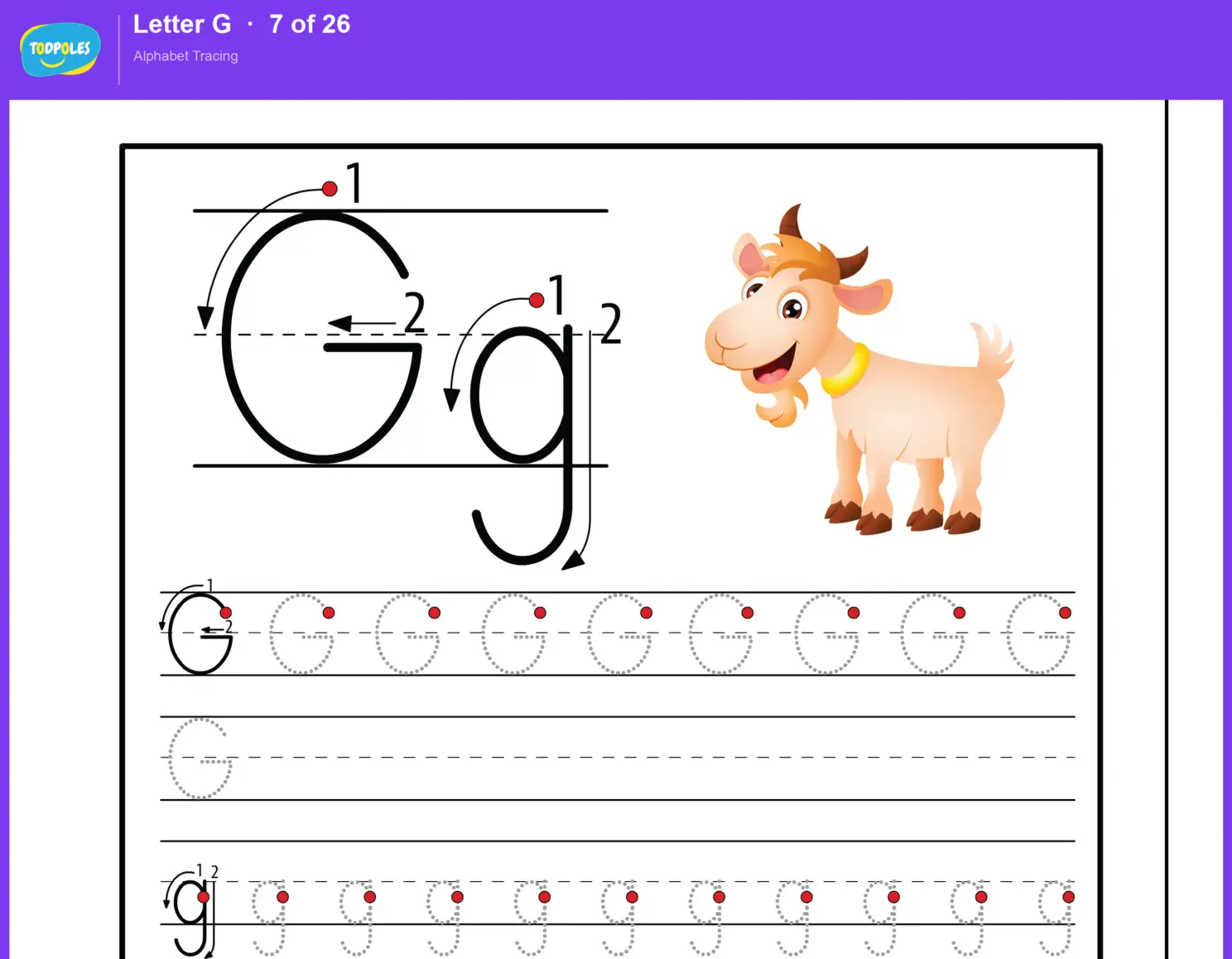 Letter G tracing worksheet — uppercase G and lowercase g with guided tracing lines