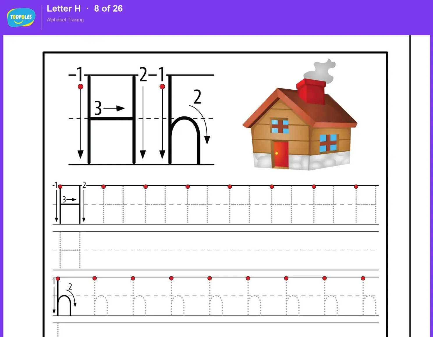 Letter H tracing worksheet — uppercase H and lowercase h with guided tracing lines