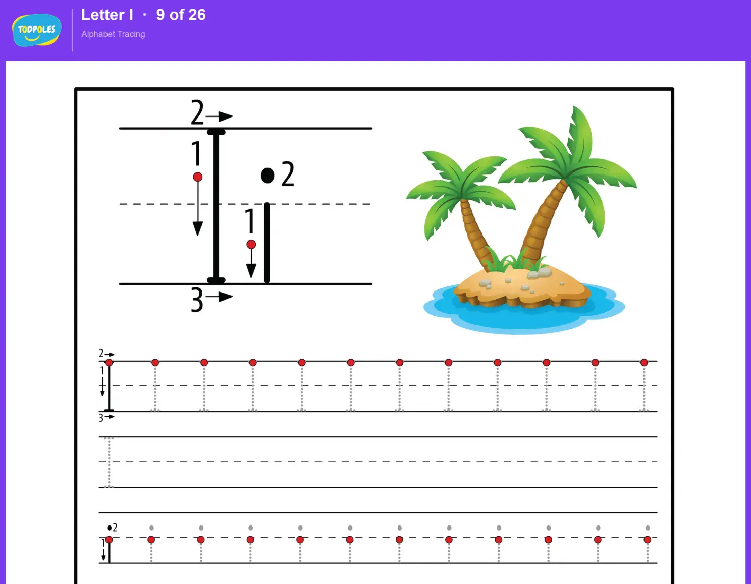 Letter I tracing worksheet — uppercase I and lowercase i with guided tracing lines