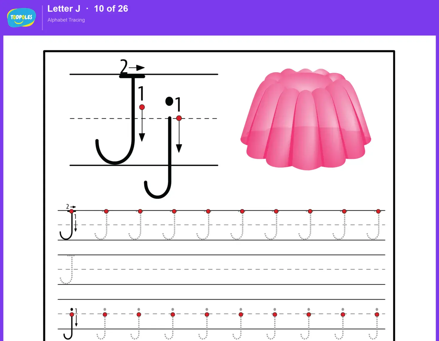 Letter J tracing worksheet — uppercase J and lowercase j with guided tracing lines