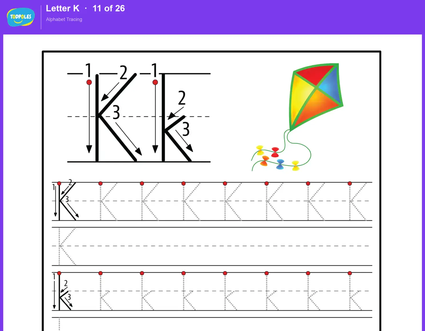 Letter K tracing worksheet — uppercase K and lowercase k with guided tracing lines