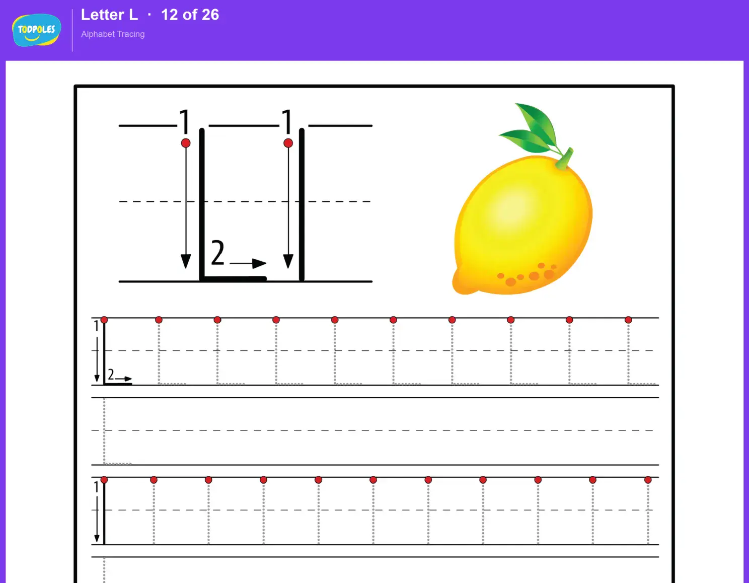 Letter L tracing worksheet — uppercase L and lowercase l with guided tracing lines